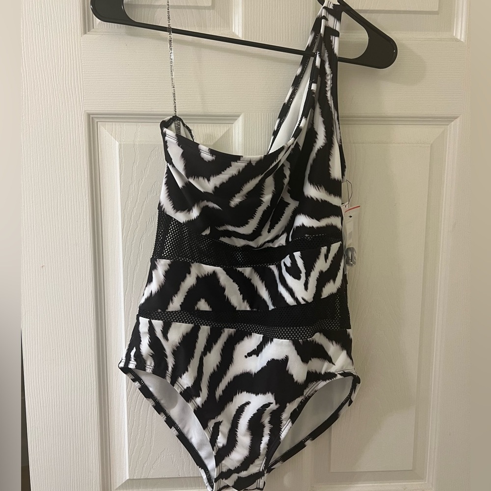NWT One Shoulder Mesh Zebra Swim Suit 14